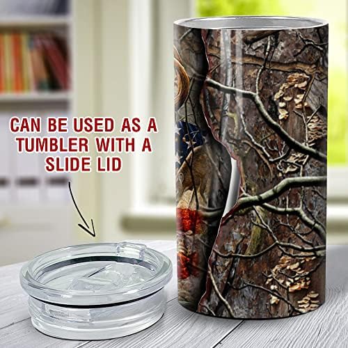 SandJest Hunting Deer Tumbler Nome personalizado 4 em 1 16 onças lata Cooler Coozie Skinny Aço inoxidável Presente para homens para homens Pai Pai, melhores amigos caçando amantes de Natal Dia dos Pais do Dia