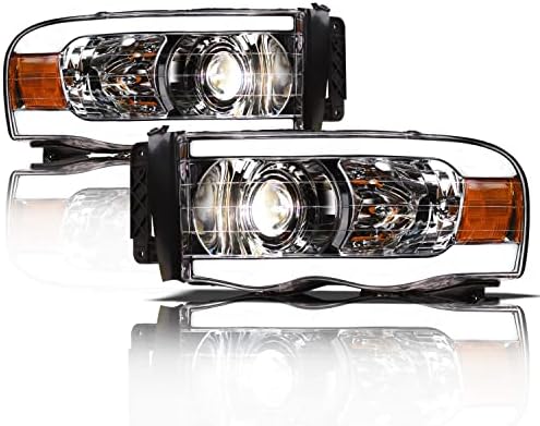 Alpha Owls 8711422 Faróis do projetor com barra de luz LED branca-Crome Amber Fits 2002-2005 Dodge Ram 1500/2003-2005 2500 3500