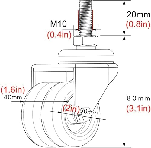 Rodas giratórias giratórios de 2 rodas de giro giratória rúpor de substituição pesada, roda dupla, rodas de borracha de móveis de carrinho, rodízios de transporte industrial, altura do caule roscado 20 mm, carregamento de 150 kg (cor (cor