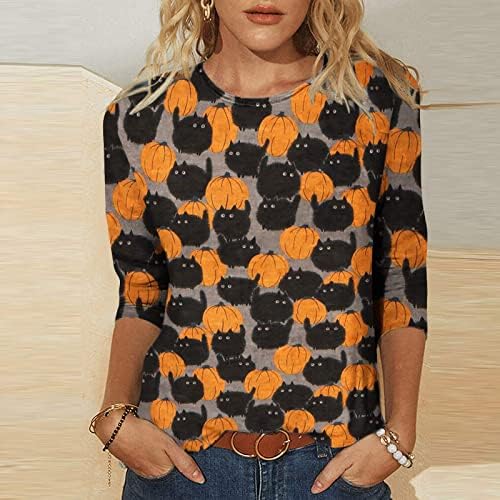 HOXINE MULHERLA 3/4 SLUVA MODATE MODA HALLOWEEN Pumpkin Cat Graphic Pri Pullover camisa casual de três quartos de manga