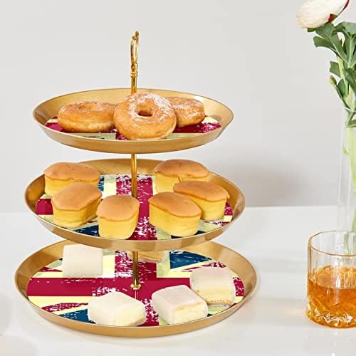 Ratgdn 3 bolo de camada Stand plástico cupcake redondo bandeja de bandeja de aniversário para festa de chá de chá de chá comemoração de chá de bebê britânico bandeira britânica Torre de exibição de bandeira britânica