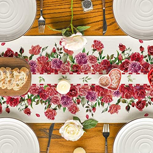 Modo ARTOID Aquarela Rose Rose Valentine's Day Table Runner, Decoração da mesa de jantar de cozinha sazonal para a festa em