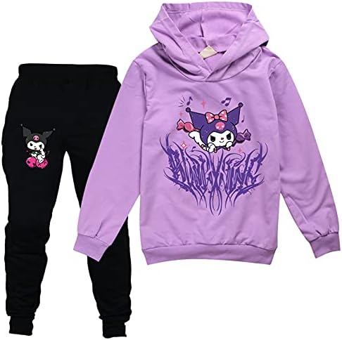 Wabooob Kids Kuromi Pullover moletom capuz e calças de moletom para meninos meninas Comfty 2 peças Roupas