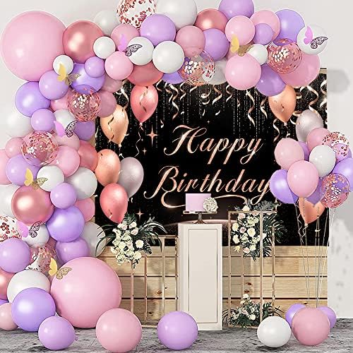 Black Pink Feliz Aniversário Caso -cenário, Rose Gold Glitters Banner de aniversário para decorações de aniversário, grande