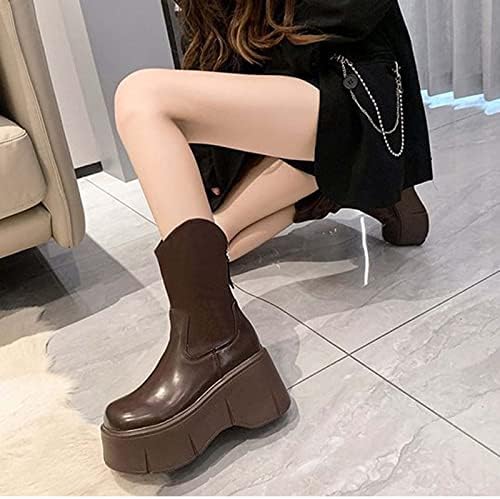 Sinzelimin Plataforma feminina Botas de tornozelo Fashion Faux Leather Back Zipper High Heels Round-Toe Mid Calf Knight