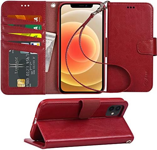 ARAE Compatível com o iPhone 12 Case e iPhone 12 Pro Case Carteira Tampa com suporte de cartão e pulseira - Vinho vermelho