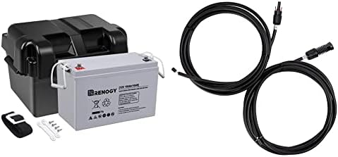 Renogia 12V 100AH ​​Bateria AGM de ciclo profundo com caixa de bateria para RV, aplicações marinhas solares e fora da rede e 10 pés 10AWG Cabos de extensão de fio do adaptador solar com conector feminino e masculino, 1 par, preto