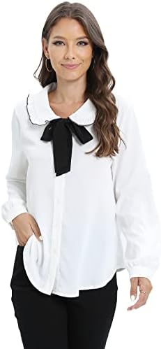 Etosell Mulheres Manga curta Peter Pan Collar Blusa Kawaii Meninas uniforme da escola Camisa branca Lady Bowknot Ol Button-Down