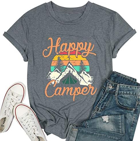 Tops de verão feminino Camisa de campista feliz para mulheres engraçadas tee gráfico de manga curta imprimir camisetas casuais camisetas