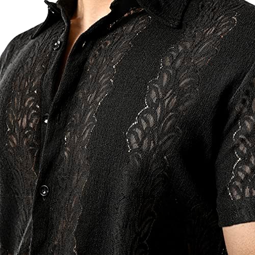 Camisa de renda floral masculina de jogal ver através de camisas casuais para baixo