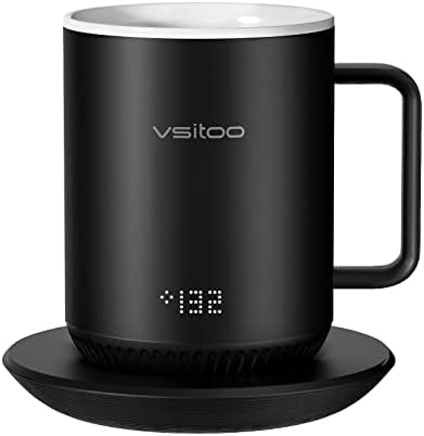 Vsitoo S3 Controle de temperatura Caneca inteligente 2 com tampa, caneca de café com aquecimento auto -aquecimento 10 oz, exibição de LED, vida útil da bateria de 90 min - App e caneca de café aquecida com controle manual - Design aprimorado - Presentes de café perfeitos