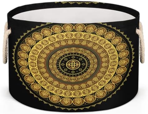 Golden Round Mandala Grandes cestas redondas para cestas de lavanderia de armazenamento com alças cestas de armazenamento