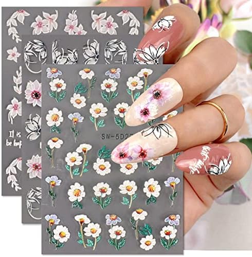 Decalques de adesivos de arte das unhas de flores 5D Primavera em relevo Blossoms de cerejeira colorida Daisy Peony Pattern Pattern