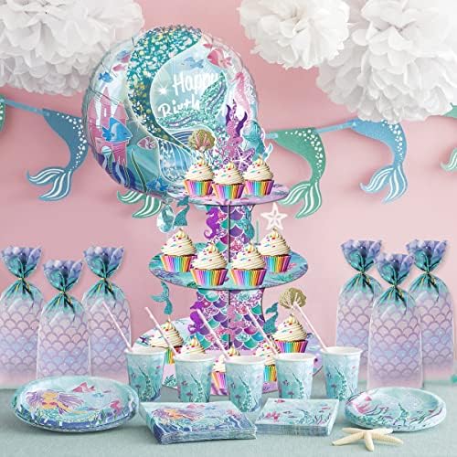 Cieovo Mermaid Party Supplies Mermaid Cupcake Stand Stand 3 Nível e 24 Cupcakes de sereia Cuppe