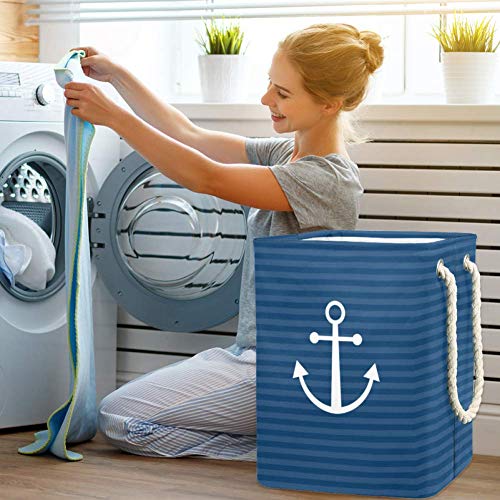 Âncora náutica com cestas de armazenamento de padrões de listras azuis marinho, lixeira de armazenamento colapsável na lavanderia