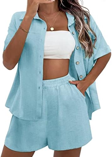 Ekouaer Pijama Conjuntos para mulheres Soft PJS Lounge Sets Button top e shorts roupas de 2 peças com bolsos