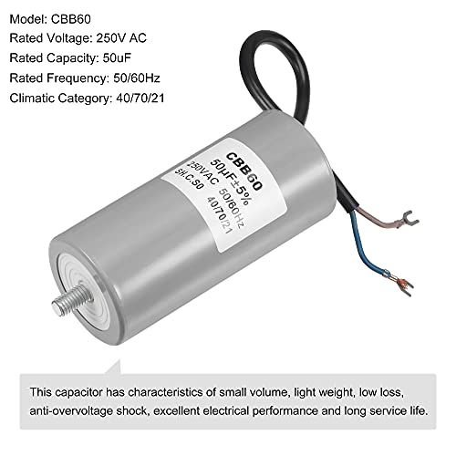 Meccanidade CBB60 RUN CAPACITOR 50UF 250V AC 2 FIios 50/60Hz Cilindro 110x50mm com terminal, M8 Fixing Stud para Motor da bomba de água do compressor de ar