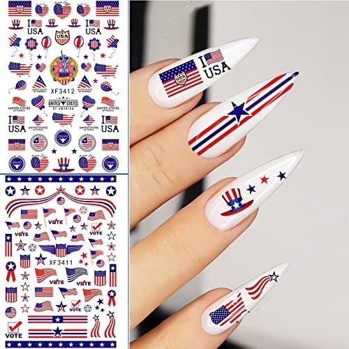 8 folhas de 4 de julho adesivos de arte, 3D American Flag American Heart Unhas Decalques de unhas para mulheres patrióticas Decoração