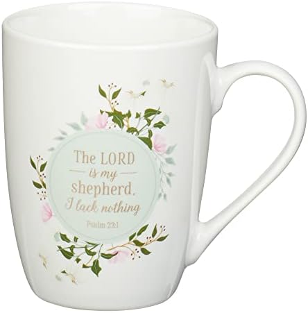 Presentes de arte cristãos Motivational Ceramic Scripture Coffee and Tea Caneca para mulheres: O Senhor é meu pastor - Salmo 23: 1 Verso inspirador da Bíblia Hot & Cold Beverage Cup, floral branco e rosa, 12 onças.