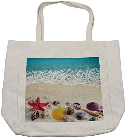 Bolsa de compras na praia de Ambesonne, conchas do mar na ilhas tropicais da costa arenosa da costa da costa da costa de férias de viagem, bolsa reutilizável ecológica para a praia de mantimentos e mais, 15,5 x 14,5, creme, creme, creme, creme, creme