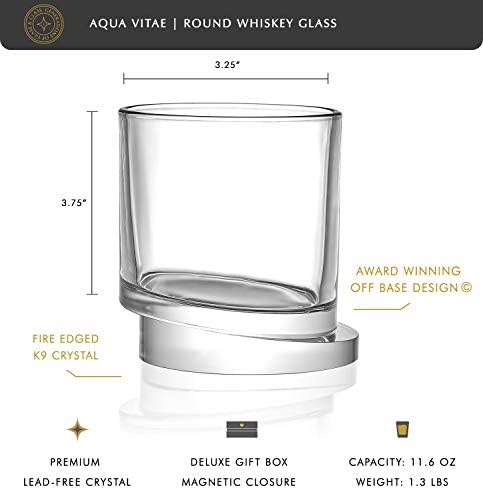 Joyjolt Aqua Vitae Whisky Glass Conjunto de 2. óculos redondos de uísque com base fora do conjunto. Óculos de pedras antiquadas para escocês e bourbon. Presentes exclusivos para caçadores de uísque para homens