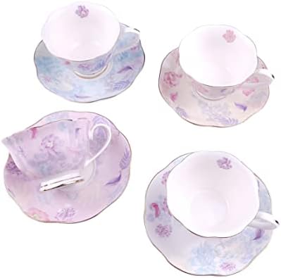 Conjunto de xícaras de chá e pires Merblant de 4 com caixa de presente floral, conjuntos de xícara de café em cerâmica