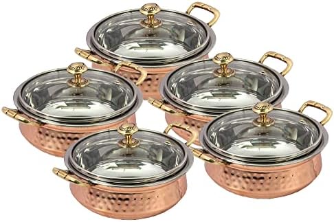 Parijat Handicraft Conjunto de 5 Índias de cobre martelado para sopa de comida com alça e tampa de vidro Decorativo pequeno Seveware