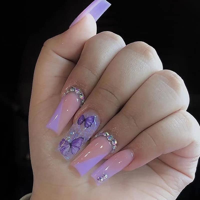 Qingge rosa roxo prensa nas unhas de comprimento médio unhas falsas com design de borboleta unhas de acrílico brilhante de