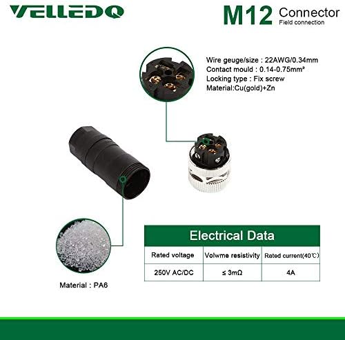 VELLEDQ Industrial Withing M12 Sensor Connector de 4 pinos Adaptador feminino Terminal de parafuso Terminal Plugtings