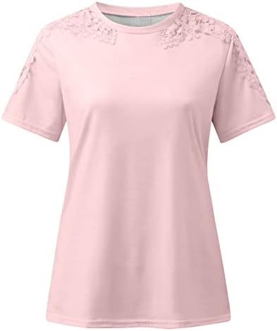 Camisas de verão para mulheres recortes de renda de manga curta Tops redondos de pescoço da moda moderna Casual Bloco de bloco de cores solto colorido Bloups