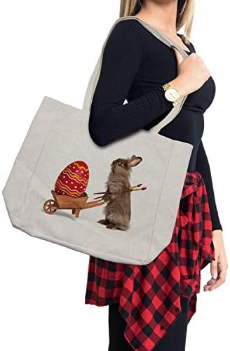 Bolsa de compras de Páscoa de Ambesonne, coelho de Páscoa com escovas e um ovo pintado em uma fotografia de animal humorística