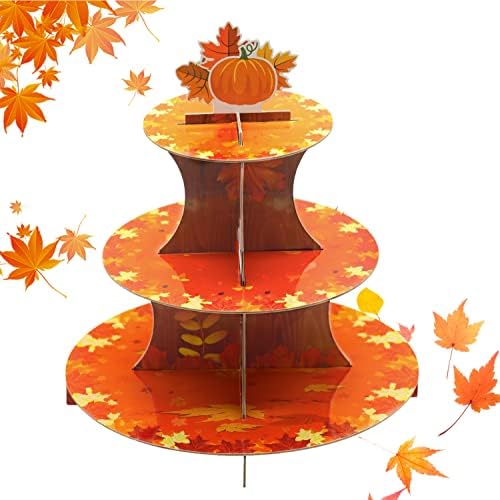 Ação de Graças Cupcake Stand 3 Nível para 24 Cupcakes Pumpkin Maple Leaf Cardboard Cake Setor Tower para outono Autumn Ação de Graças Decorações de Festas