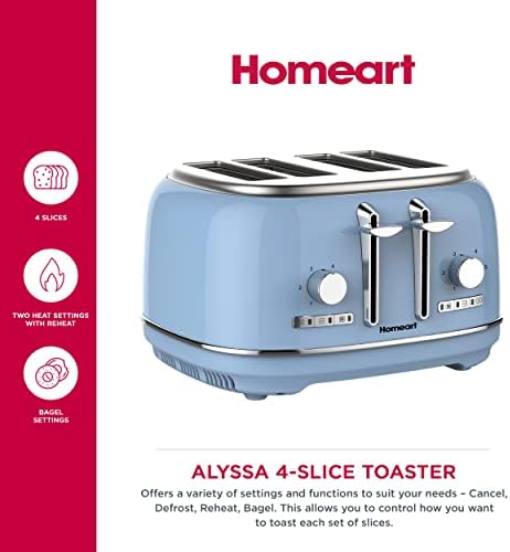 HOMEArt Alyssa 4 -Slice Retro Toaster - Aço inoxidável com bandeja de migalha removível, controle de escurecimento ajustável