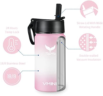 VMIni Water Bottle com palha, garrafa de água infantil com a tampa de palha de alça ampla, garrafa de água em aço inoxidável com boca