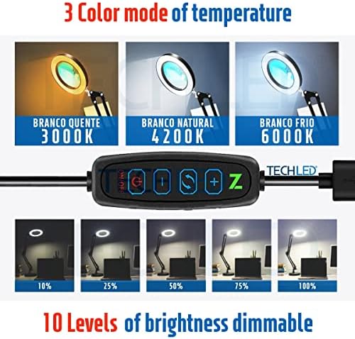 Lupa tecnológica com luz e suporte, luz do anel de mesa, 3 modos de cores diminuídos, lâmpada de mesa, luz de grampo,