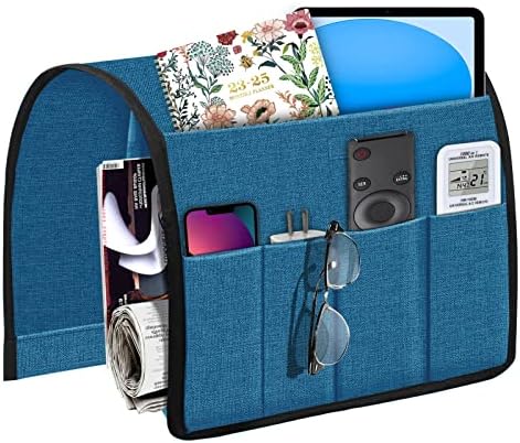 Joywell Armchair Caddy Remote titular no sofá e braço de cadeira para controle remoto de TV, 6 bolsos Organizador de apoio de sofá para revistas, livros, telefone celular, iPad, clássico azul