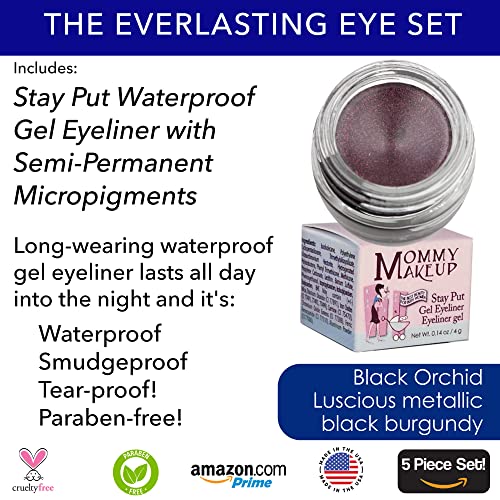 O olho eterno de 5 peças de maquiagem à prova d'água. Eyeliner em gel, sombra creme, 2 pincéis e malha. Livre de parabenos, livre de