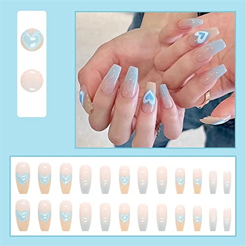 HJKOGH Pink Blue Gradient Nails Set Press Pressione na bailarina Dicas de unhas falsas pregos de caixão de capa completa com designs