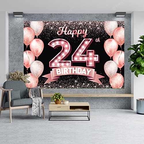 Feliz aniversário de 24º aniversário Banner Rose Gold Cenário Cheers para Balões de confete de 24 anos Decoração de