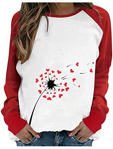 Camisetas de manga longa do Dia dos Namorados para mulheres Moda ECG Heart Graphic Tops Tops Casual Color Block Tunic Tees