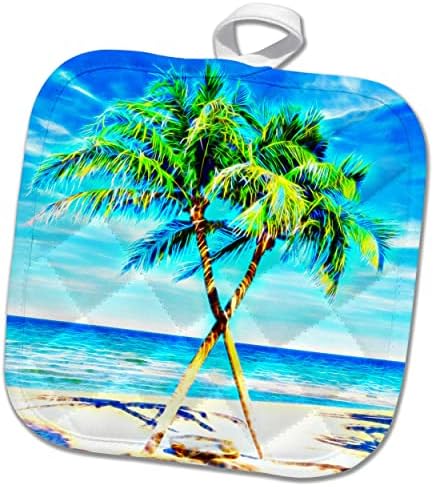 3drose duas palmeiras entrelaçadas em uma imagem de praia de infusão de luz. - Potholders