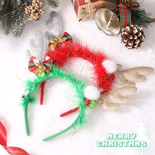 Dresbe Christmas LED Bandas da cabeça Verde Light Up Hoop Hair Bells Antlers Helterwear para mulheres e meninas