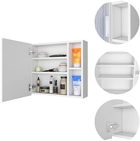 Gabinete de remédios Voohek com três prateleiras internas, uma única porta e duas externas para o banheiro, um espelho exclusivo, madeira fabricada, branco