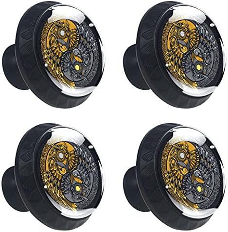 Botões de armário de cerveja Yin Yang Owl Maçanetas de mobília preta botões de hardware de vidro de cristal botões redondos modernos para banheiro de cozinha 4pcs 1.38 × 1.10in