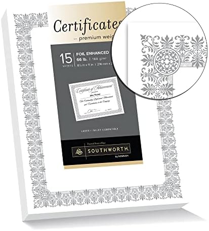 Certificados de papel alumínio premium do Southworth®, 8 1/2 x 11, 66 lb Fleur branco/prata, pacote de 15