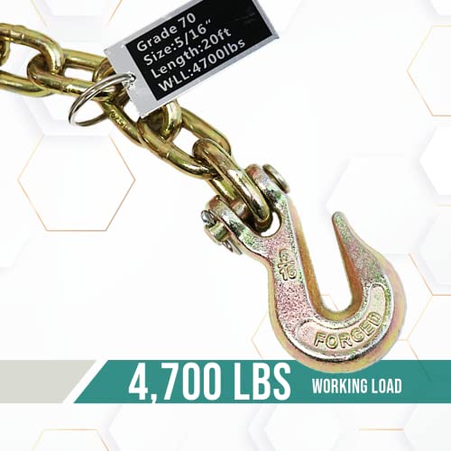 Cadeia de transporte de serviço pesado boxer com Clevis Hooks 5/16 ”x 20 'Grade 70 Limite de carga de trabalho 4.700 libras, com sacola premium portátil para caminhões, reboques, tratores