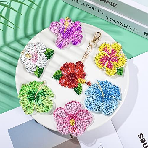 Augisteen Tropical Flower Diamond Pintura Chaves Hawaiian Hibiscus Diamond Art Key Rings Summer 5d Diamond Ornaments Damilos de