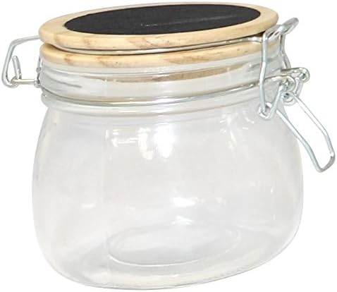 Produtos domésticos gourmet Jarra de recipiente de armazenamento de vidro redondo com madeira e tampa de quadro -negro, 17 onças, transparente