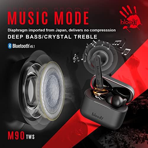 Bloody M90 TWS Ruído ativo cancelando os fones de ouvido Bluetooth Gaming, diafragma de carbono híbrido, música baixo e modo