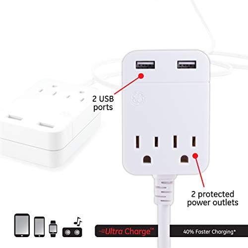 Faixa de energia do protetor de pura general com carregamento rápido USB, cordão de extensão extra longo de 8 pés, plugue plano, 2 portas USB, 2.4a, montagem na parede, estação de carregamento de desktop, 250J, UL listada, branca, 32177